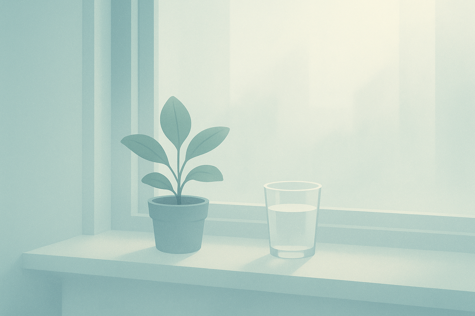 観葉植物と水のグラスがある窓辺