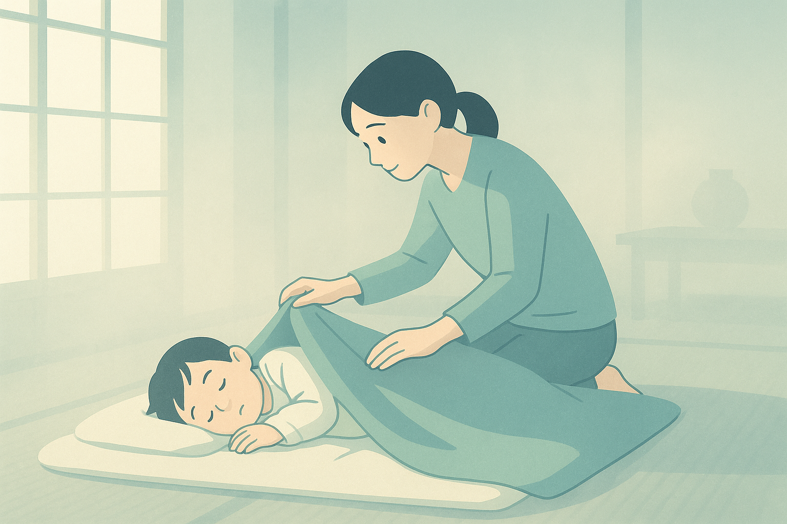 眠っている子どもに布団をかける親の手元